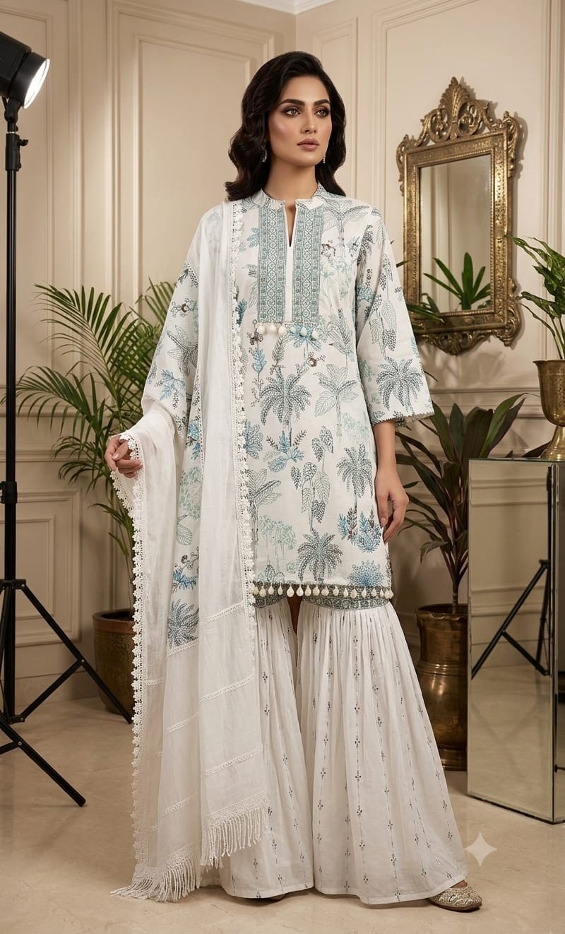 WHITE EMBROIDERED SHARARA SET