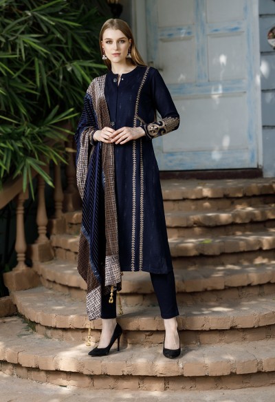 NAVY EMBROIDERED SHAWL SET